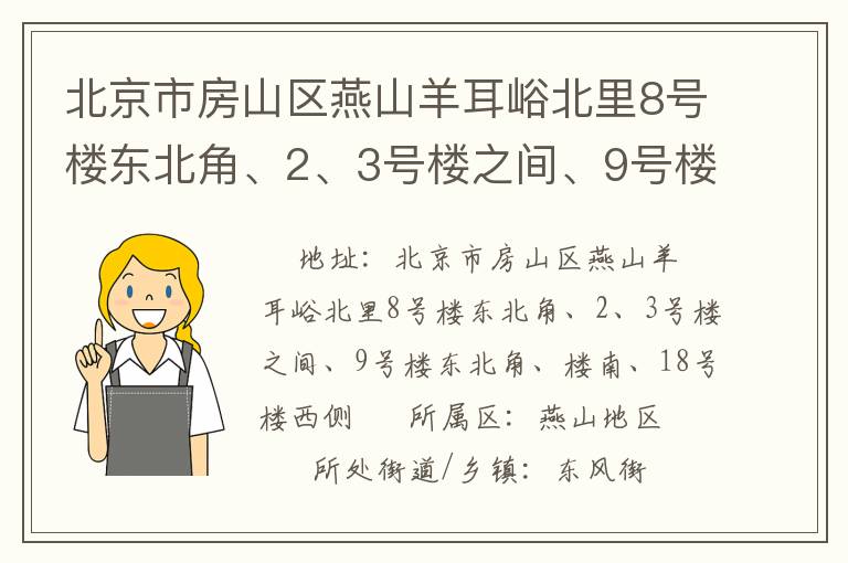 北京市房山區(qū)燕山羊耳峪北里8號樓東北角、2、3號樓之間、9號樓東北角、樓南、18號樓西側(cè)