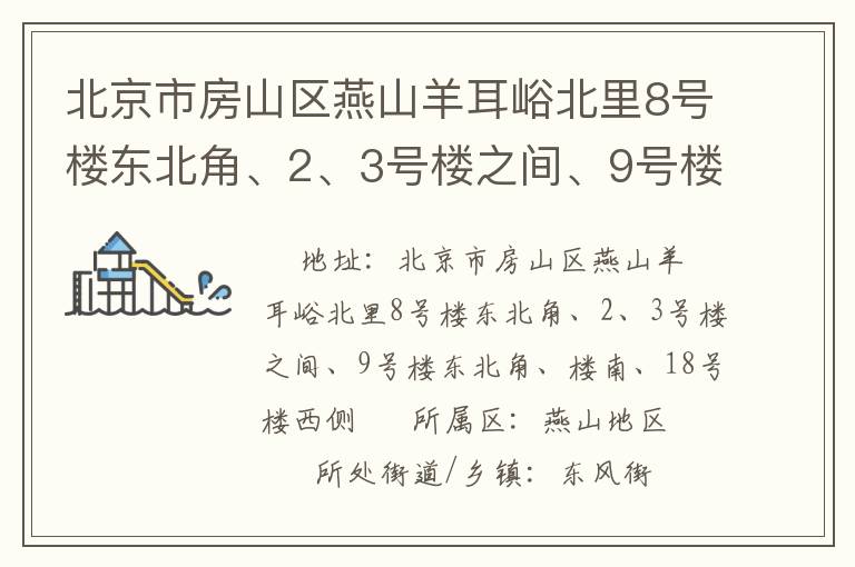 北京市房山區(qū)燕山羊耳峪北里8號(hào)樓東北角、2、3號(hào)樓之間、9號(hào)樓東北角、樓南、18號(hào)樓西側(cè)