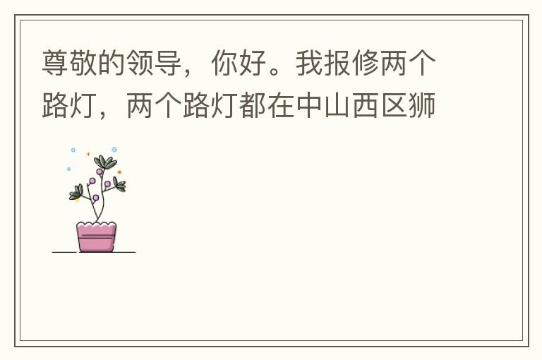尊敬的領(lǐng)導，你好。我報修兩個路燈，兩個路燈都在中山西區(qū)獅滘口大橋。1.富華往濱江一號，下橋倒數(shù)第二支路燈已經(jīng)損壞。 2.濱江一號往富華方向，下橋最后一支路燈已經(jīng)損壞。麻煩及時修復，減少意外的發(fā)生。謝謝
