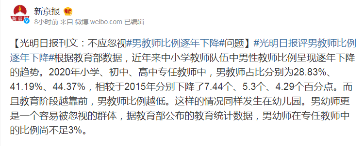 教師行業(yè)“陰盛陽(yáng)衰”，男教師比例逐年下降，鐵飯碗為何不香了？