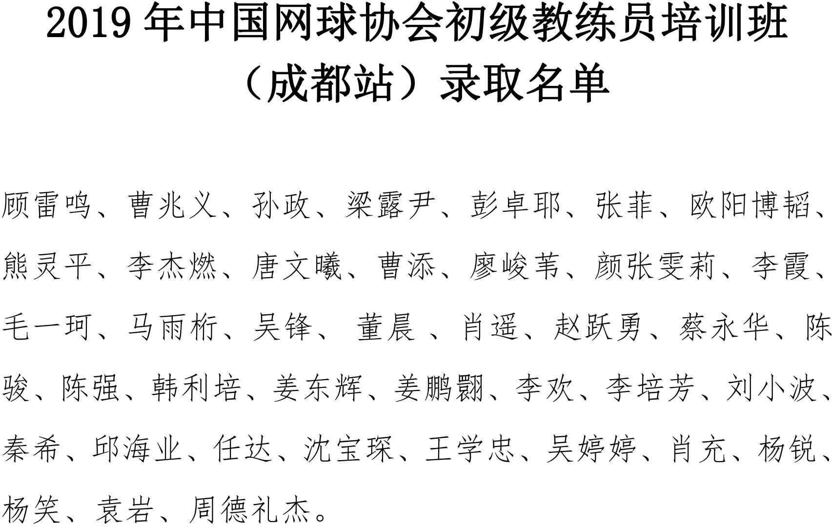 2019年中國網(wǎng)球協(xié)會初級教練員培訓(xùn)班（成都站）錄取名單
