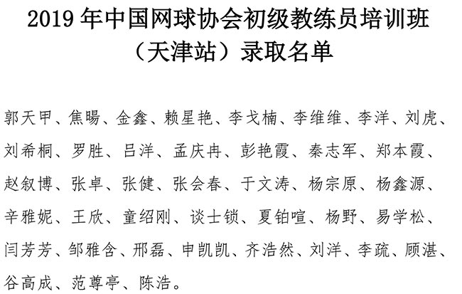 2019年中國(guó)網(wǎng)球協(xié)會(huì)初級(jí)教練員培訓(xùn)班（天津站）錄取名單