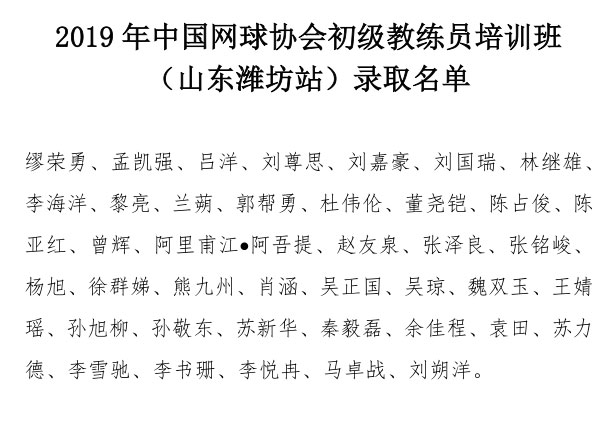 2019年中國網(wǎng)球協(xié)會(huì)初級(jí)教練員培訓(xùn)班（山東濰坊站）錄取名單